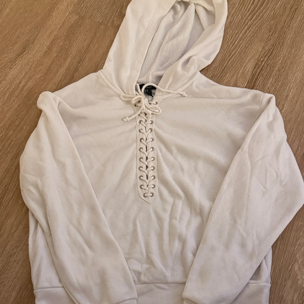 Women's White Lace-Up Hoodie Sweater
